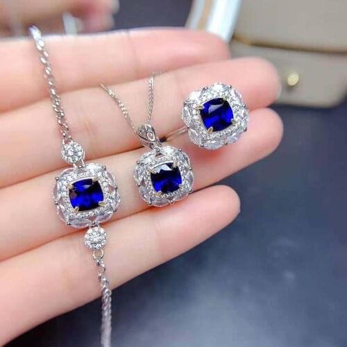 Natural Sapphire S925 Sterling Silver Ring Pendant Necklace Bracelet Set Charming Fine Fashion Jewelry for Women MeibaPJFS