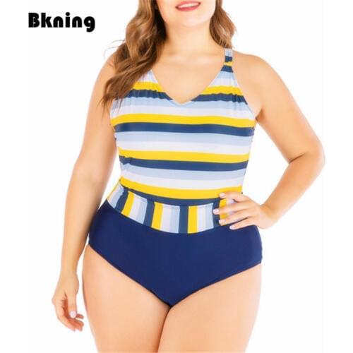 Large Size Swimsuit One-Piece Suits Yellow Striped Bathing Suit Sexy Backless String Swimwear Woman Swimsuits Pad Plus Big 4XL