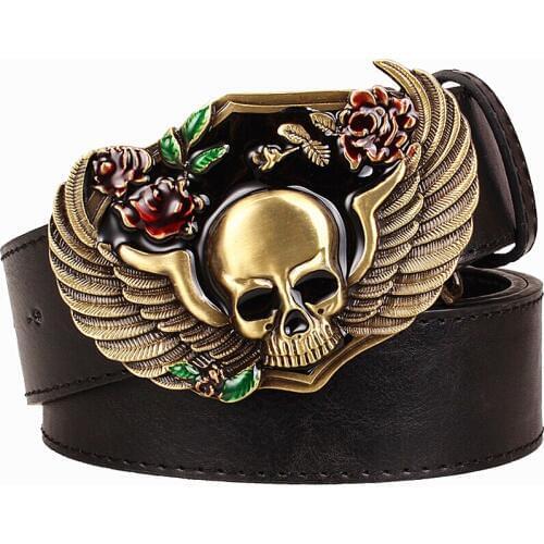 Wild Personality Mens belt metal buckle colour Skull Totem belts wing skeleton head pattern punk rock style trend belt for men
