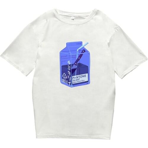 Cartoon Milk Carton Pattern Japanese Anime Summer Short Sleeve O-Neck Top Tee Funny Style Man and Woman