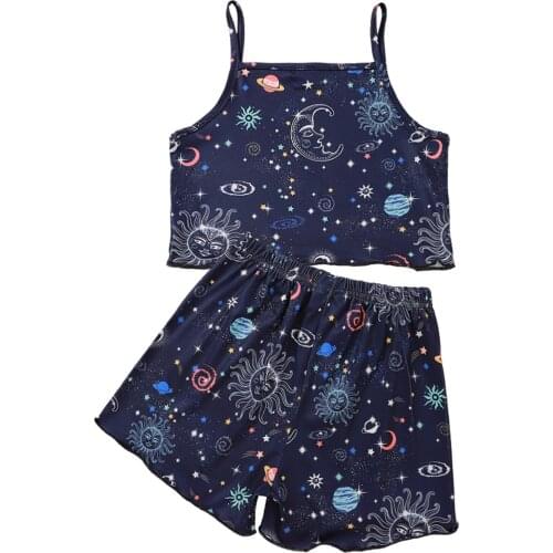 Little Girls Spaghetti Straps Suits, Sky Print Sleeveless Sling Crop Tops and Short Pants 2 Pcs Set