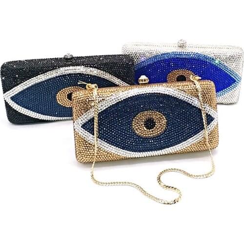 Fashion women evening party purses designer bridal wedding bag funny evil eye full crystal clutches