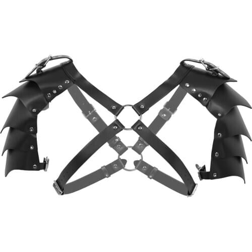 Men Punk Gothic PU Leather Double Shoulder Armors Buckles X-shape Adjustable Body Chest Harness Belt for Party Cosplay Halloween
