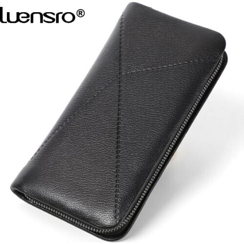 High Quality Cowhide Leather Men Wallet Zipper Large Capacity Cluth Wallet Wristlet Long Purse Card Holder Phone Wallets Leather