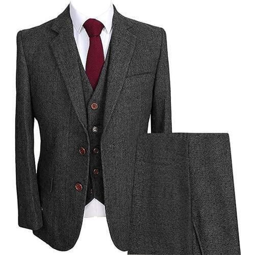 Black/Grey Men Suits 3 Pieces Herringbone Notched Lapel Costume Homme Tweed Men Suits for Wedding Groomsmen Jacket Vest Pants
