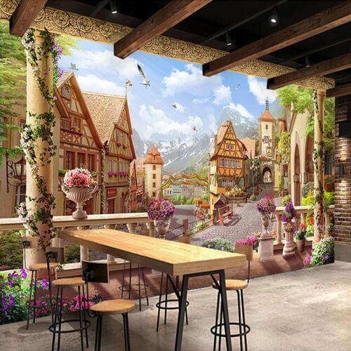 Custom Mural Wallpaper European Style Retro Fairy Tales Town Building Photo Wallpaper For Walls 3D Restaurant Cafe Backdrop Wall
