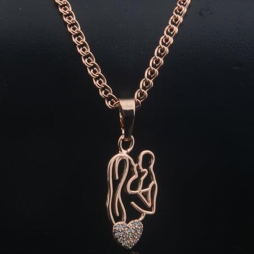 FJ Women Mens 585 Rose Gold Color Mother Baby With Crystal Heart Pendant Jewelry Necklace