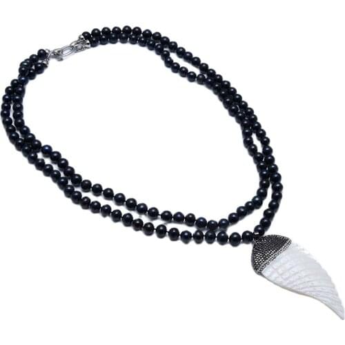 GG Jewelry 2Strands Natural Black Round Freshwater Pearl Necklace Shell Carved Wing Feather Pendant Handmade For Women