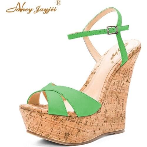 Summer Famous Brand Green Wooden Wedges Sandals Ladies Shoes Woman Platform Ankle Strap Shoes Casual Dress Size 11 Nancyjayjii