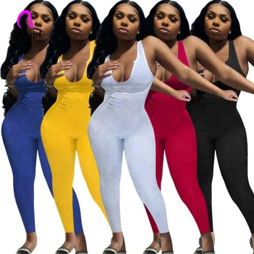 Fitness Women Rompers Solid Ribbed 2021 Summer Sleeveless Skinny Biker Jumpsuits Sexy Deep V Neck Night Club Party Activewear