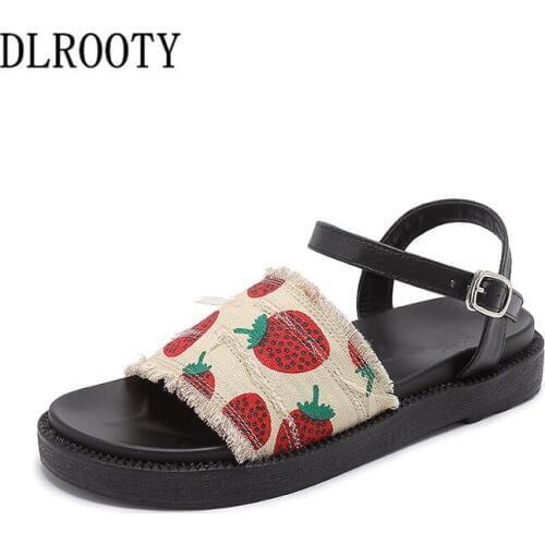 Women Sandals Flats Shoes Summer Fashion Strawberry Buckle Strap Platform Peep Toe Breathable Non-slip Slides Casual Female
