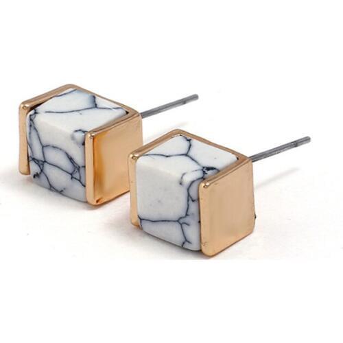 New Classic Simple Accessories Square Geometric Faux Marbled White Black Stone Stud Earrings For Women brincos Gold Color bijoux
