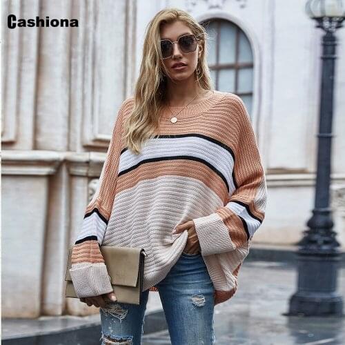 2020 Batwing Sleeve Sweater Women Clothing Stripes Jumper Pullovers Knitted Sweaters Fashion Tops Autumn Loose Femme Streetwear
