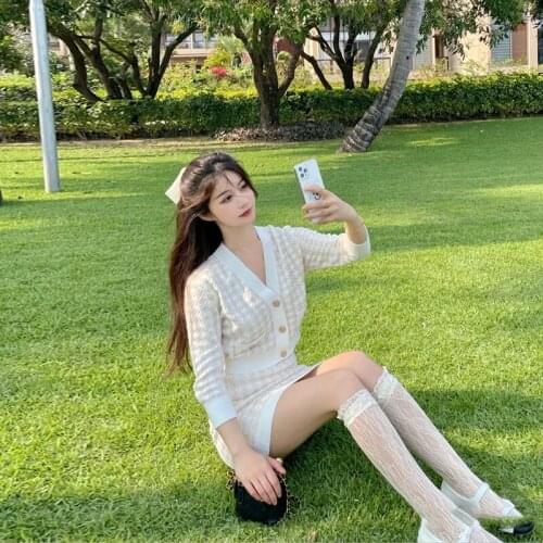Autumn New Knitted Houndstooth 2 piece set Women V-neck Long Sleeve Cropped Sweater Cardigan + High waist Mini Skirt Outfits