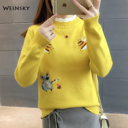 Women Embroidery Knitted Sweater And Pullovers Korean Fashion Style Turtleneck Jumper Sweaters 2019 Autumn And Winter New Tops