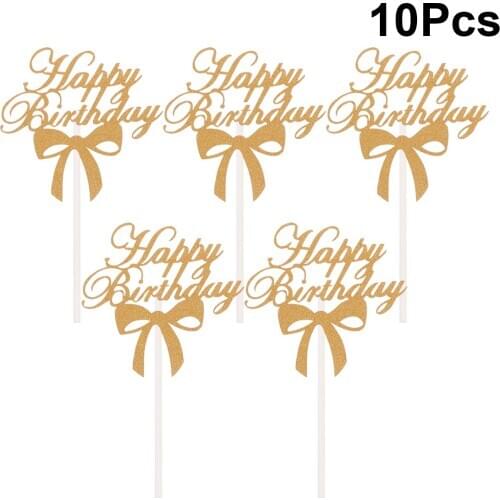 10pcs Cake Toppers Decoration Glitter Paper Happy Birthday Cake Topper Bow-Knot Decorated Cake Fruit Picks Cupcake Toppers Party