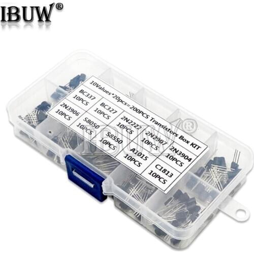 10Value 200PCS BC337 BC327 2N2222 2N2907 2N3904 2N3906 S8050 S8550 A1015 C1815 Transistor Assortment Kit Transistors Box ibuw