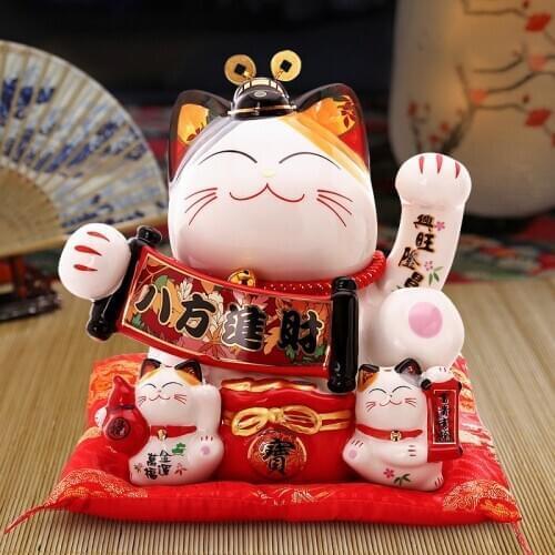 9 inch Japanese Ceramic Lucky Cat Maneki Neko Fortune Cat Centerpiece Feng Shui Crafts Money Box Home Desktop Decoration Gift
