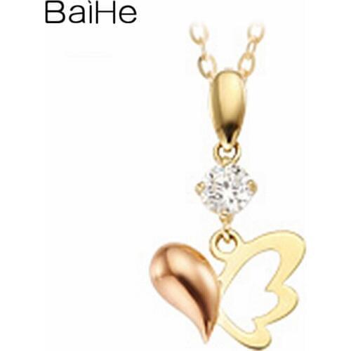 BAIHE Solid 18K Yellow Rose Gold 0.20ct Round Natural Diamond Women Wedding Gift Fine Jewelry Beautiful butterfly Necklaces