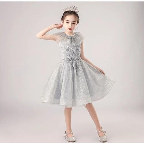 Flower Girl Dresses for Weddings O Neck Elegant Sleeveless Knee Length Sequined Girls Ball Gown Gray Appliques Tulle Dress