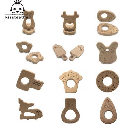 Wooden Teether Rings Natural Wood Teething Toys for Infant,Wooden Teether Animals for Toddler,Baby Soothing Pain Relief Toys