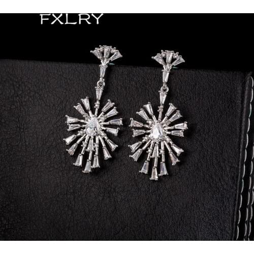 FXLRY Luxury New Design Tiny Cubic Zirconia Stones Setting Elegant Fan Shape Dangle Drop Earring For Women
