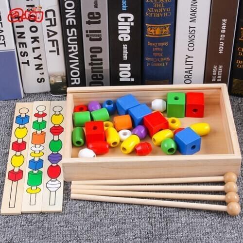 Montessori Toy for Kid Children Preschool Educational Toys Wooden Colorful Shape Stick Beading Toys Gifts for Baby