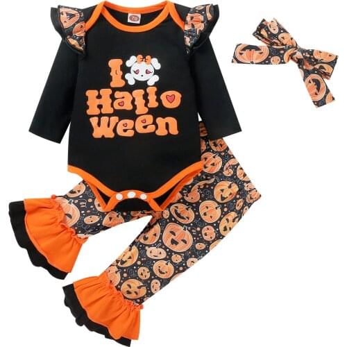 0-18M Nreborn Baby Girls Halloween Outfits Long Sleeve Romper + Pumpkin Flare Trousers + Headband 3Pcs Autumn Clothes Set
