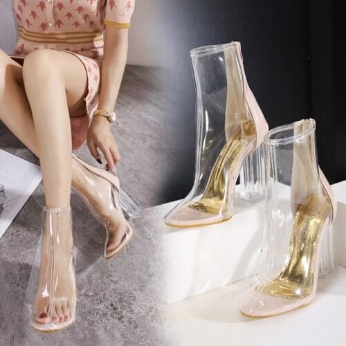 Summer Fashion Hollow Large Size 35-40 Transparent Sexy Crystal Heel Zipper Color Matching Short Tube Womens Boots