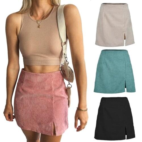 2020 Fashion New Womens A Line Mini Skirt Casual All-match Soft High Waist Above Knee Split Hem Corduroy Short Skirt