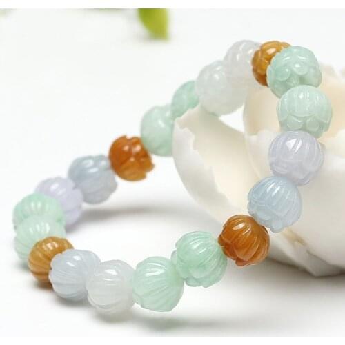 Natural jade Emerald Tri-coloured lotus Beads Bracelet Adjustable Bangle Charm Jewellery Fashion Accessories Hand-Carved Amulet