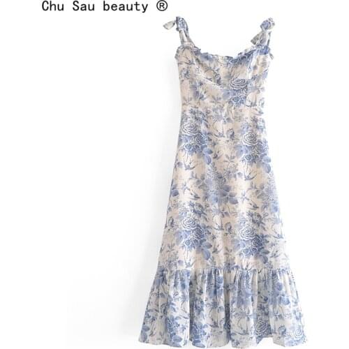 2021 Summer New Lace Up Bowknot Spaghetti Strap High Waist French Vintage Printed Ruffle Camisole Dress Female Fashion