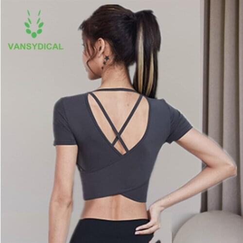 New Women Cross Open Back Gym Yoga Shirts Slim Crop Top With Chest Padded Summer Fitness Training Workout Sports Short Sleeve