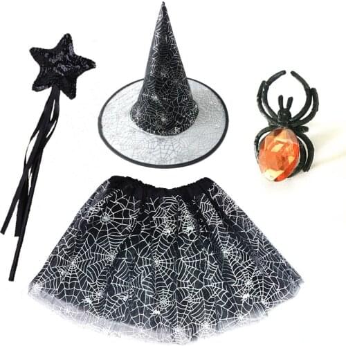 Spider Web Tutu Cobweb Skirt Witch Wizard Hat Suit Clothes Birthday Party Outfits Carnival Halloween Costume for Kids Girls