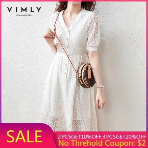 VIMLY Summer Dresses For Women Fashion V Neck Solid Single Breasted Dress Elegant High Waist Dresses Female Vestidos F6833