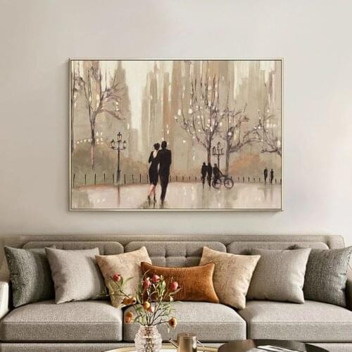 Hand Painted Abstract Oil Painting Canvas Romantic Landscape An Evening Out Neutral Modern Street Scene Picture For Wall Art
