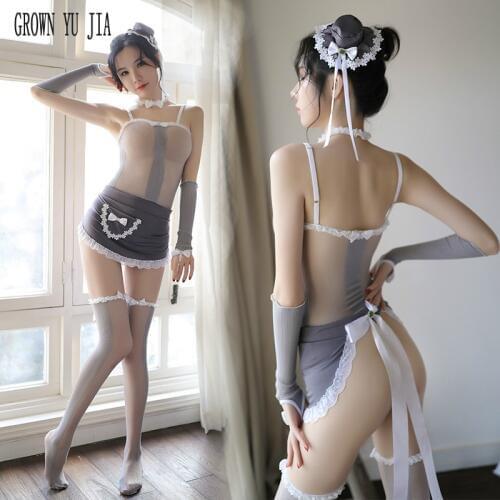 Sexy temptation maid cosplay Erotic stockings set cute french maid uniform apron porno japanese lingerie sex play costume