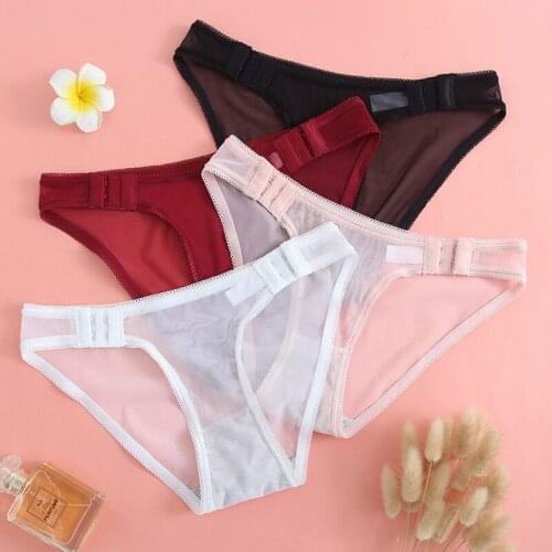 Sexy Lingerie Womens Mesh Transparent Panties Erotic Low Waist Hook Design Briefs Comfort Cotton Crotch Thongs Female Underwear