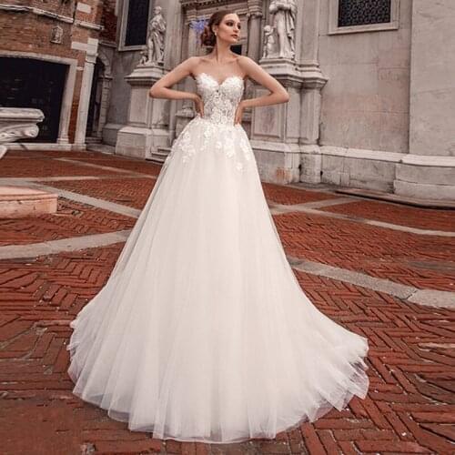 Ruby Bridal Strapless A-line Boho Wedding Dress 2020 Sweetheart White Soft Tulle Fluid Fell Appliques vestido de noiva sereia