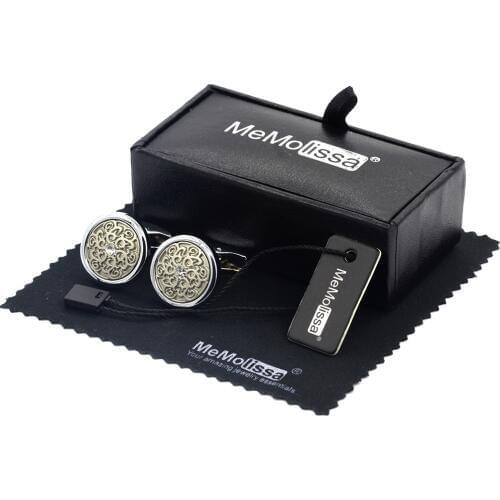 MeMolissa Display Box Cufflinks Vintage Pattern Silver with Brown Enamel Cufflinks Crystal Cufflinks Free Tag & Wipe Cloth
