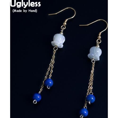 Uglyless Real 925 Sterling Silver Chains Tassel Earrings for Women Lapis Dangle Earrings Gold Plated Fine Jewelry Shell Flower