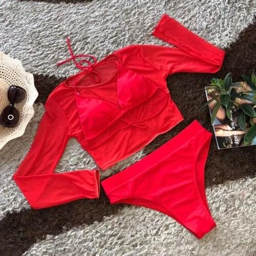 Womens Swimwear 2021 Bikinis 3 Pieces Long Sleeve Perspective Bathing Suits High Waist Swimming Suits Beach 7 Color Pool Suits