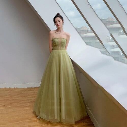 New Strapless Evening Dress Sequins Empire Floor-Length Sleeveless A-Line Elegant Backless Tulle Woman Formal Party Gowns A1367