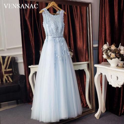 VENSANAC 2017 New A Line Lace Appliques O Neck Long Evening Dresses Sleeveless Elegant Beadings Sash Embroidery Party Prom Gowns