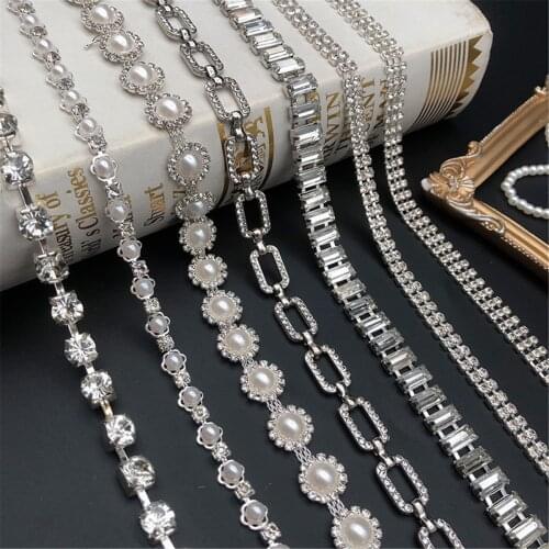 1Yard Pearl Beaded Rhinestones Chain Trim DIY Wedding Dress Clothing Craft Decor