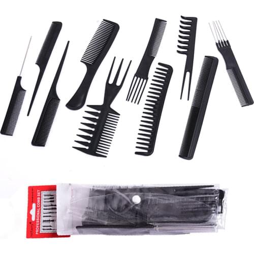 10pcs/lot Black Makeup Comb Set Styling Hairdressing Comb In 10 Designs Barber Training Tail Comb Salon Studio HairCut Comb P10