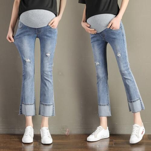 2020 Pregnant Women Elasticity wei la Jeans Trumpet Autumn and Winter New Style with Holes TOEFL Slimming Straight Capri Pants S