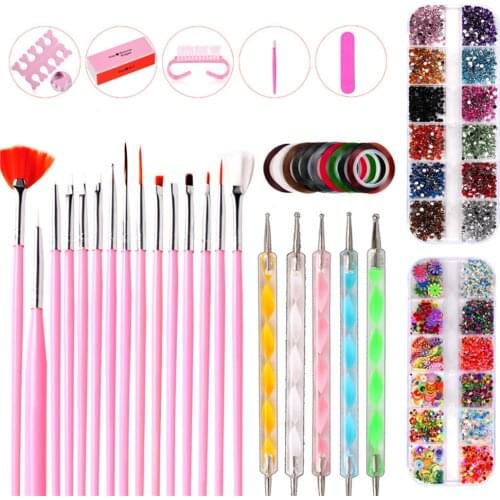 37pcs Nail Art Tool Acrylic Nail Kit with Painting Brush Dual-end Dotting Pen Manicure Tape Decoration Rhinestones
