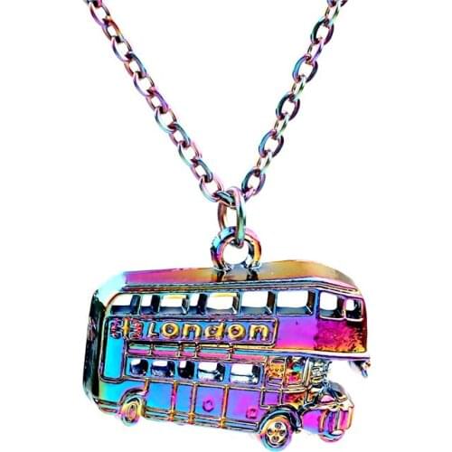 10pcs Rainbow Color Alloy London double decker bus Necklace free Stainless Steel Chain for Women Girl Xmas Party Jewelry gifts