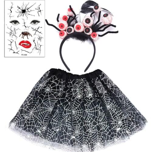 Kids Child Girls Halloween Vampire Witch Costumes Fancy Dress Up Spider Web Tutu Skirt with Hat Headband Face Tattoo Sticker